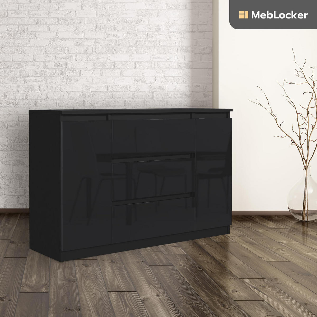 KOMMODE mit 3 Schubladen 2 Schranktüren 120 cm Schwarz mit HochglanzFronte - Schwarz Hochglanz, Holzwerkstoff (120.4/78.2/39cm) - MebLocker