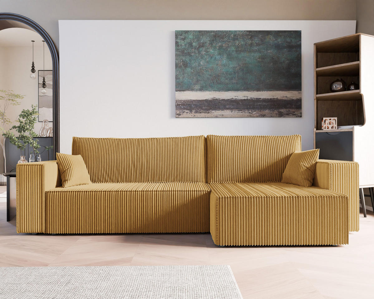 ECKSOFA mit Schlaffunktion und Bettkasten, Gelb - Gelb, Holzwerkstoff/Textil (145/276cm) - Idohome