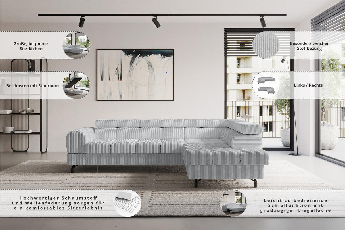 ECKSOFA mit Schlaffunktion Ottomane Rechts LUMA-L 272x203x70 Weiß Bouclé - Schwarz/Weiß, Holzwerkstoff/Kunststoff (203/272cm) - ALTDECOR