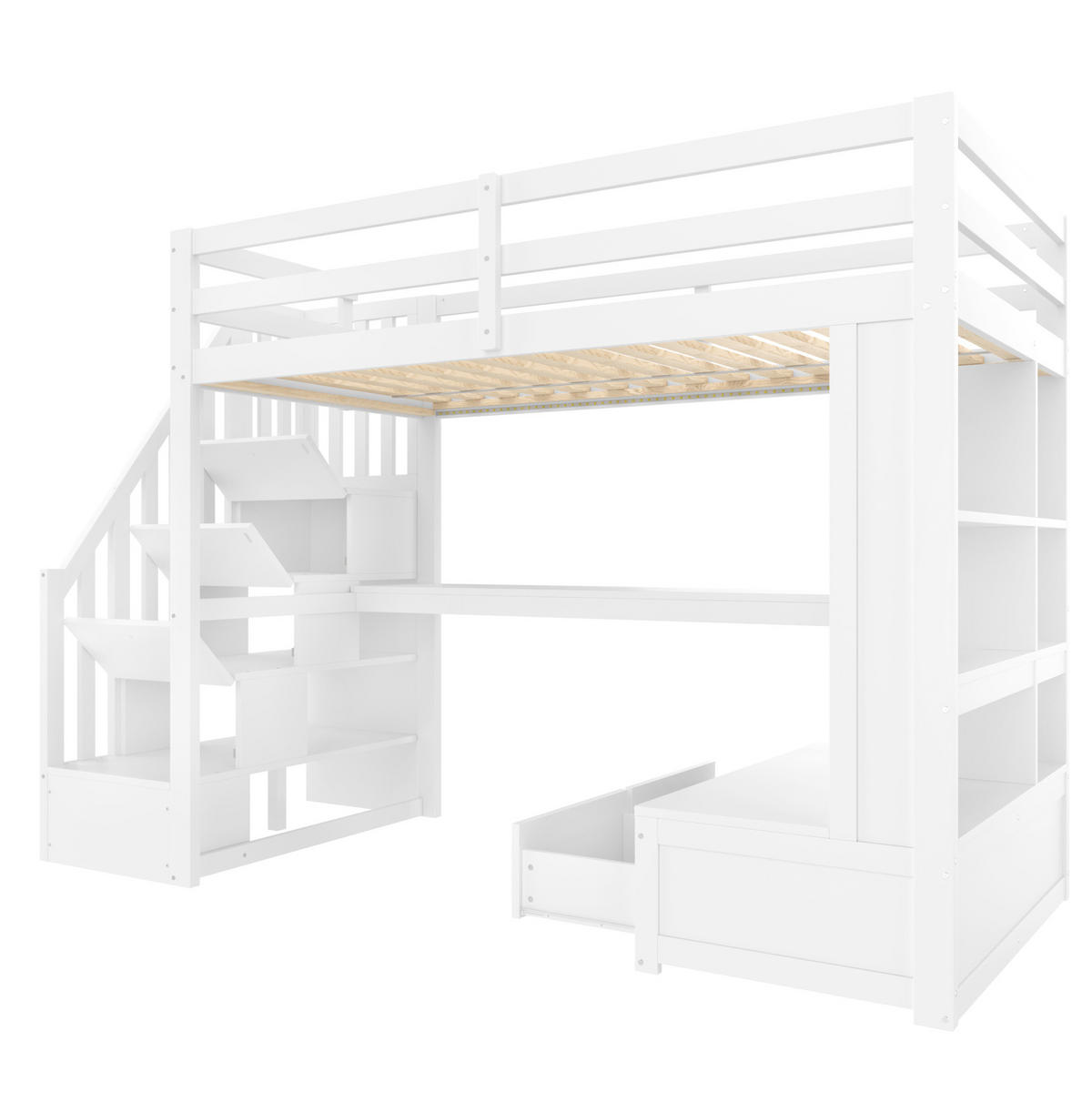 VYSOKÁ posteľ 90/200 cm biela z MDF a borovice s písacím stolom policami zásuvkami a LED - biela, kompozitné drevo (90/200cm) - OKWISH