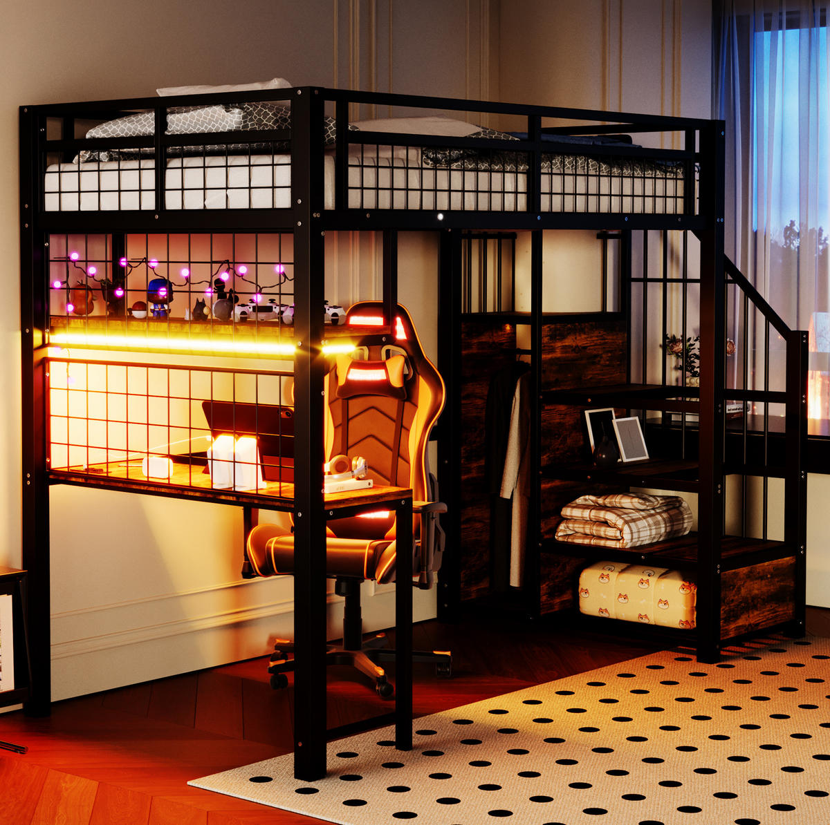 HOCHBETT 90/200 cm aus Metall und MDF mit Schreibtisch, LED-Lichtleiste und Stauraumtreppe Schwarz - Schwarz, Metall (90/200cm) - Modenvie