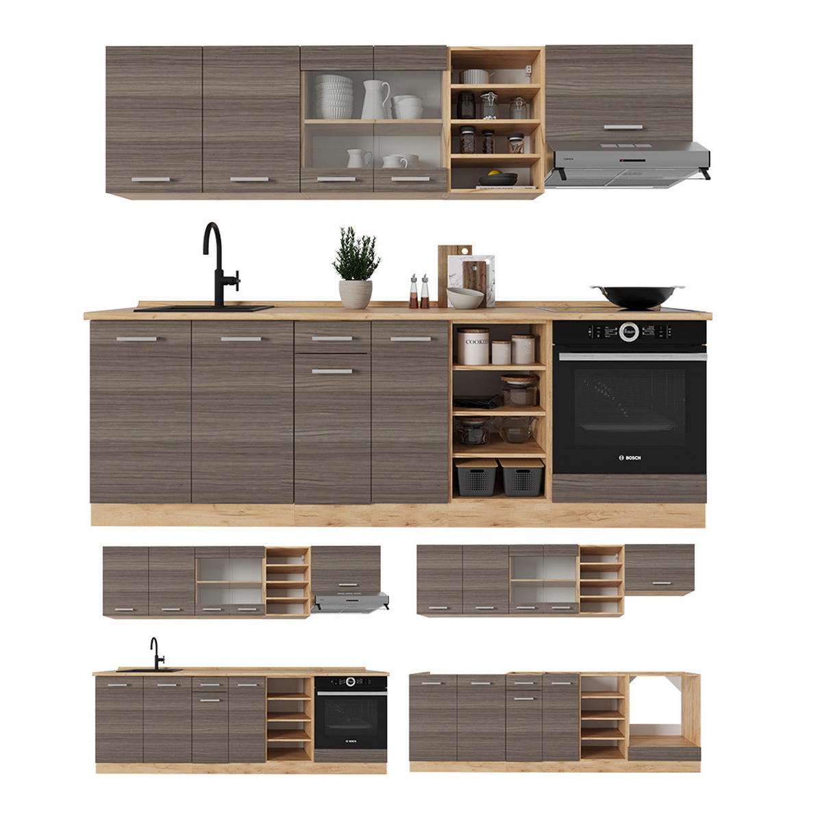 KÜCHENZEILE R-Line Edelgrau/Goldkraft Eiche 240 cm , AP Marmor - Eiche Wotan/Braun, Holzwerkstoff (240/81.6/60cm) - Vicco