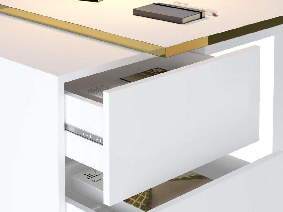 SCHREIBTISCH mit Schubladen - Weiß glänzend & Goldfarben - MARZIALO - Weiß, Holz (142.4/59/75.6cm) - Vente-Unique