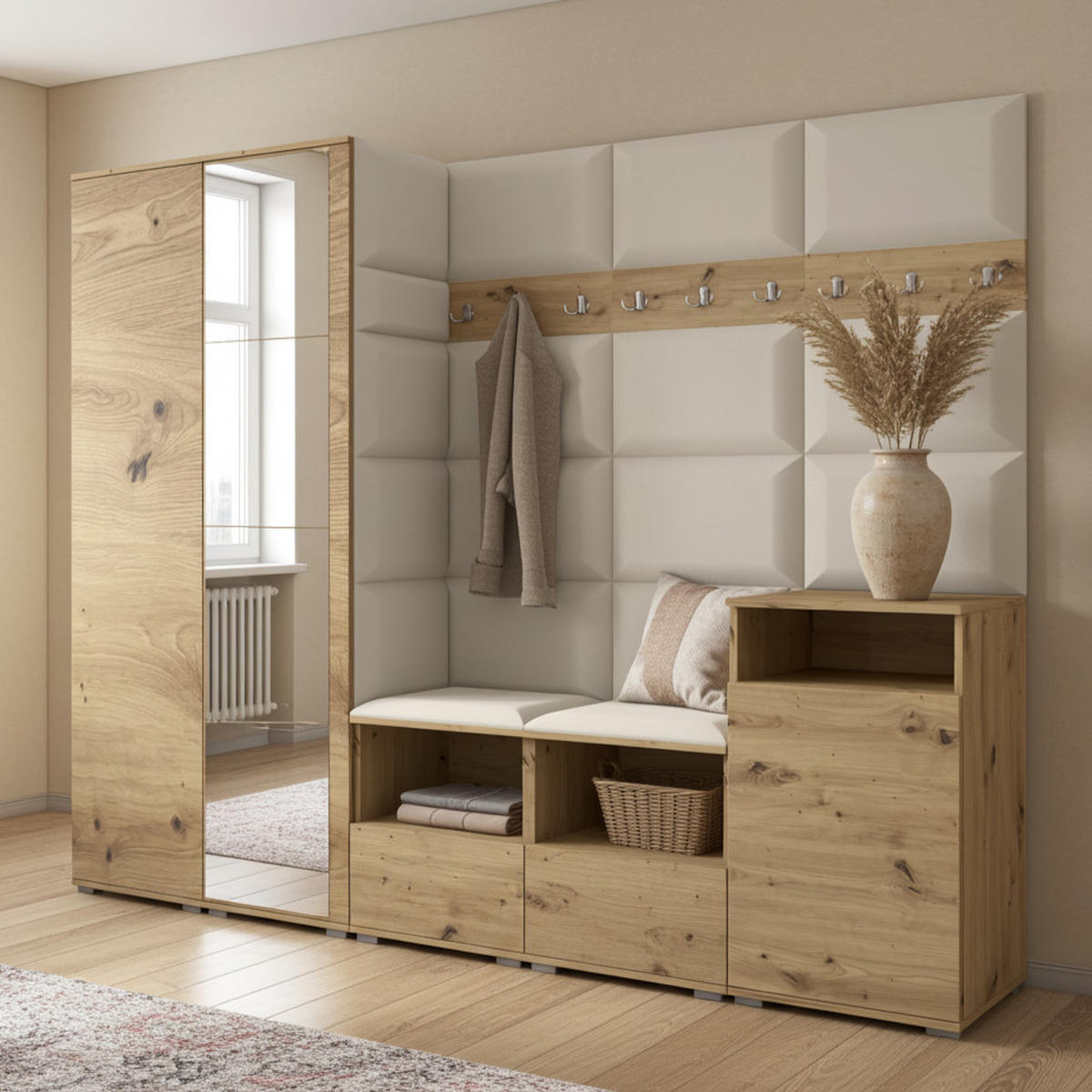 GARDEROBE NELA VIII 250 cm (Modulare Flurmöbel Artisan Eiche mit Spiegel & Sitzpolster Creme 01 Set XL) - Silberfarben/Creme, Holz/Holzwerkstoff (250/187/40cm) - Ravio