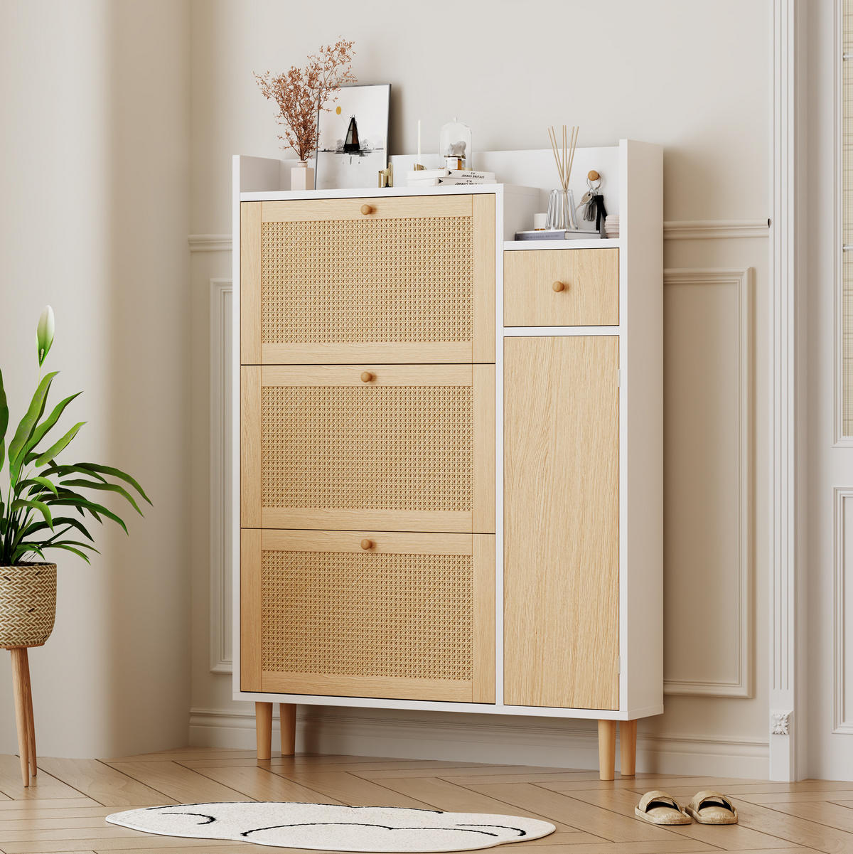 SCHUHSCHRANK mit 3 Klappen und Schublade 90x125x17 cm Natur/Weiß - Weiß, Holzwerkstoff (17/125/90cm) - Beauniv