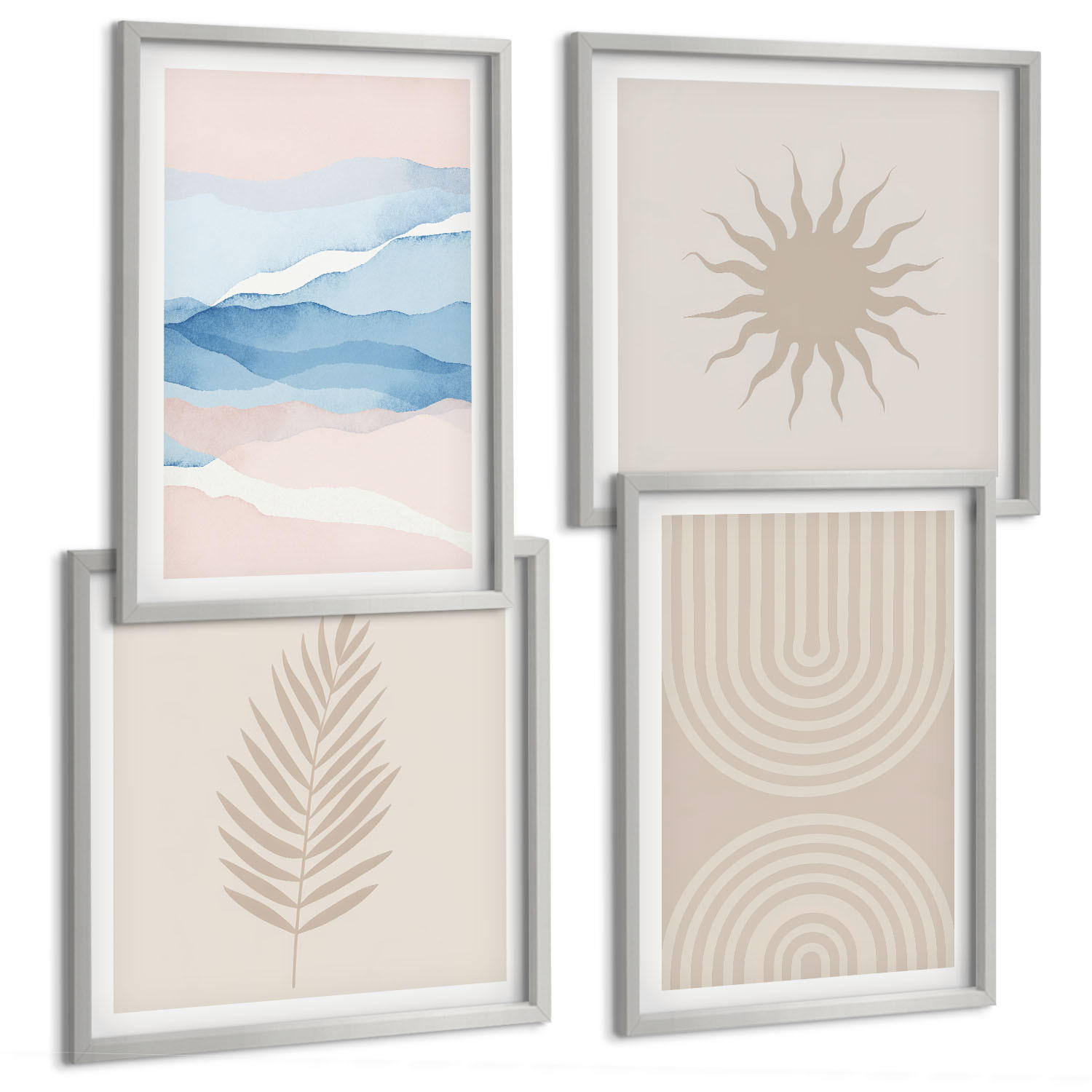 BILDER SET 4er Set - 50x50 cm & 40x60 cm Silberner Rahmen - Abstrakte Linien der Sonnenwellen - Silberfarben, Kunststoff (50/50cm) - TULUP