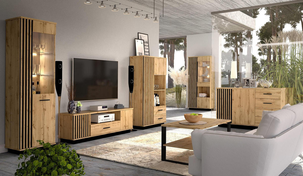 REGAL Lamelo Wotan eiche, mit Schubladen - Schwarz/Braun, Holzwerkstoff (90/159/40cm) - Bettso