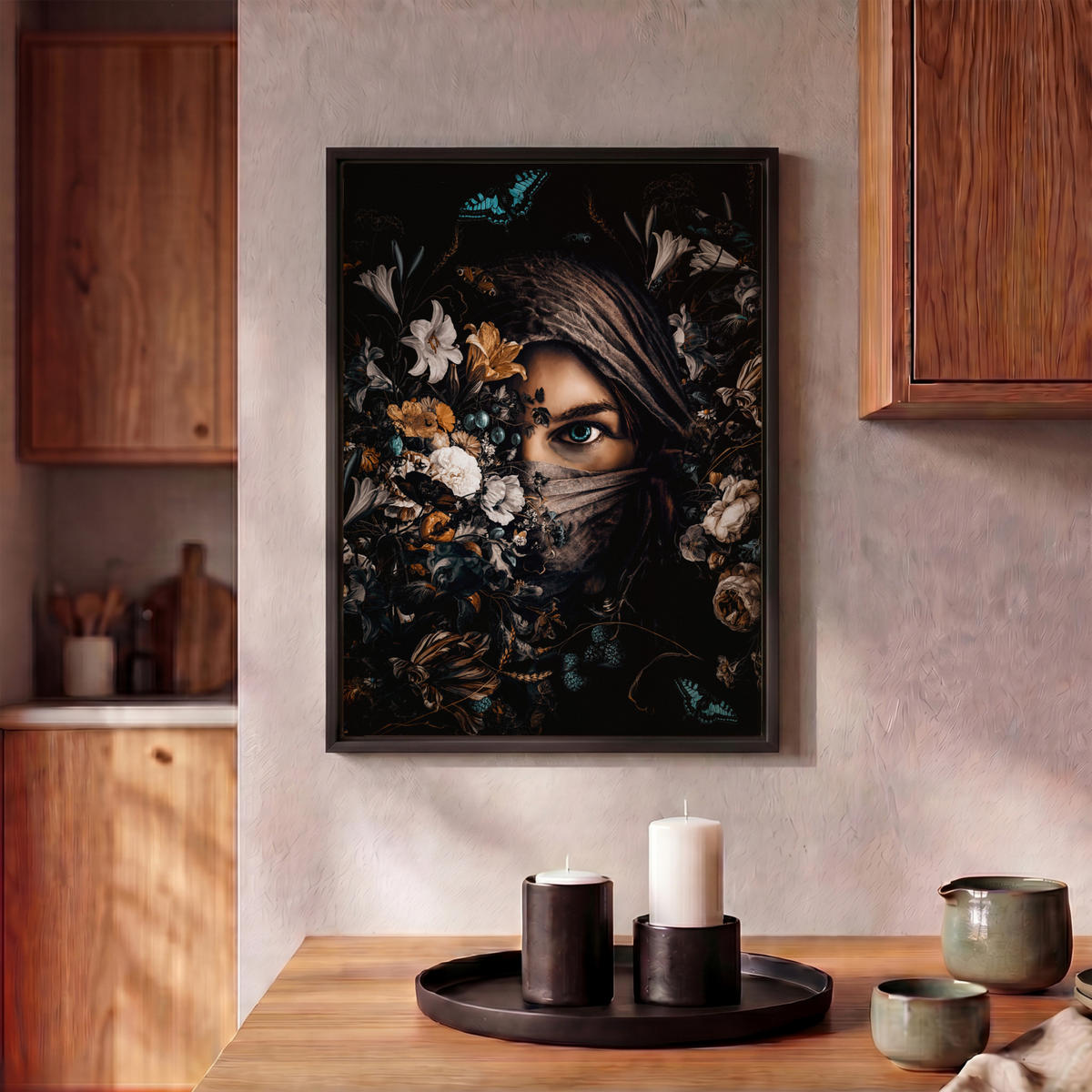 LEINWAND Bilder mit Rahmen - Frau - Luxus - Blumen - Schmetterling - Porträt - 30x40 - Schwarz, Textil (30/40cm) - MuchoWow