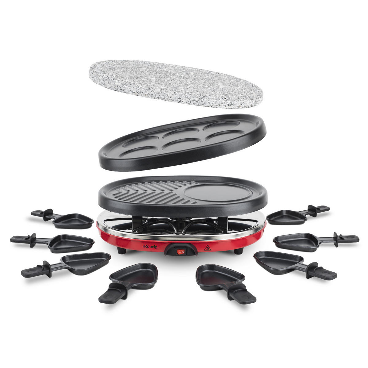 RACLETTE-GERÄT RP412 , Rot und Grau, 4 in 1 Raclette für 8 Personen - Grau/Dunkelrot, Stein (25.8/12/35.7cm) - HKoenig