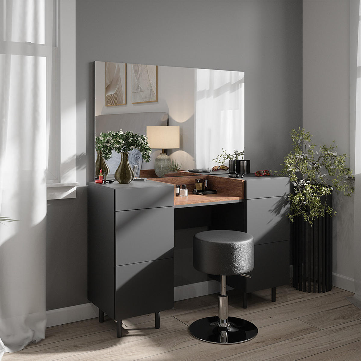 SCHMINKTISCH Anika Anthrazit 120 cm mit Hocker - Anthrazit/Walnussfarben, Holzwerkstoff (120/80/40cm) - Vicco