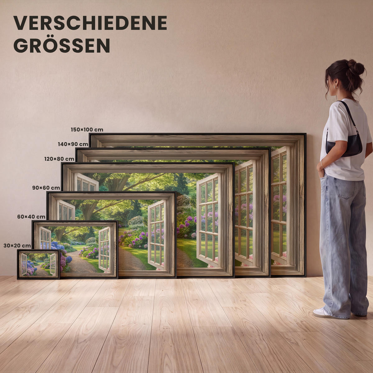 LEINWAND Bilder mit Rahmen - Aussicht - Garten - Fenster - Hortensie - Blumen - 150x100 - Pastellblau, Textil (150/100cm) - MuchoWow