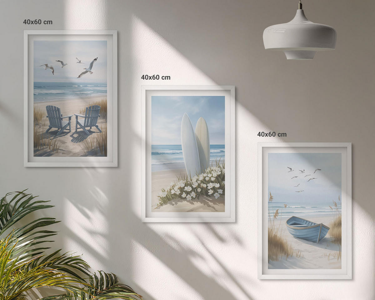 BILDER SET 3er Set - 40x60 cm Weißer Rahmen - Strand Surfbretter Vögel - Weiß, Kunststoff (40/60cm) - TULUP