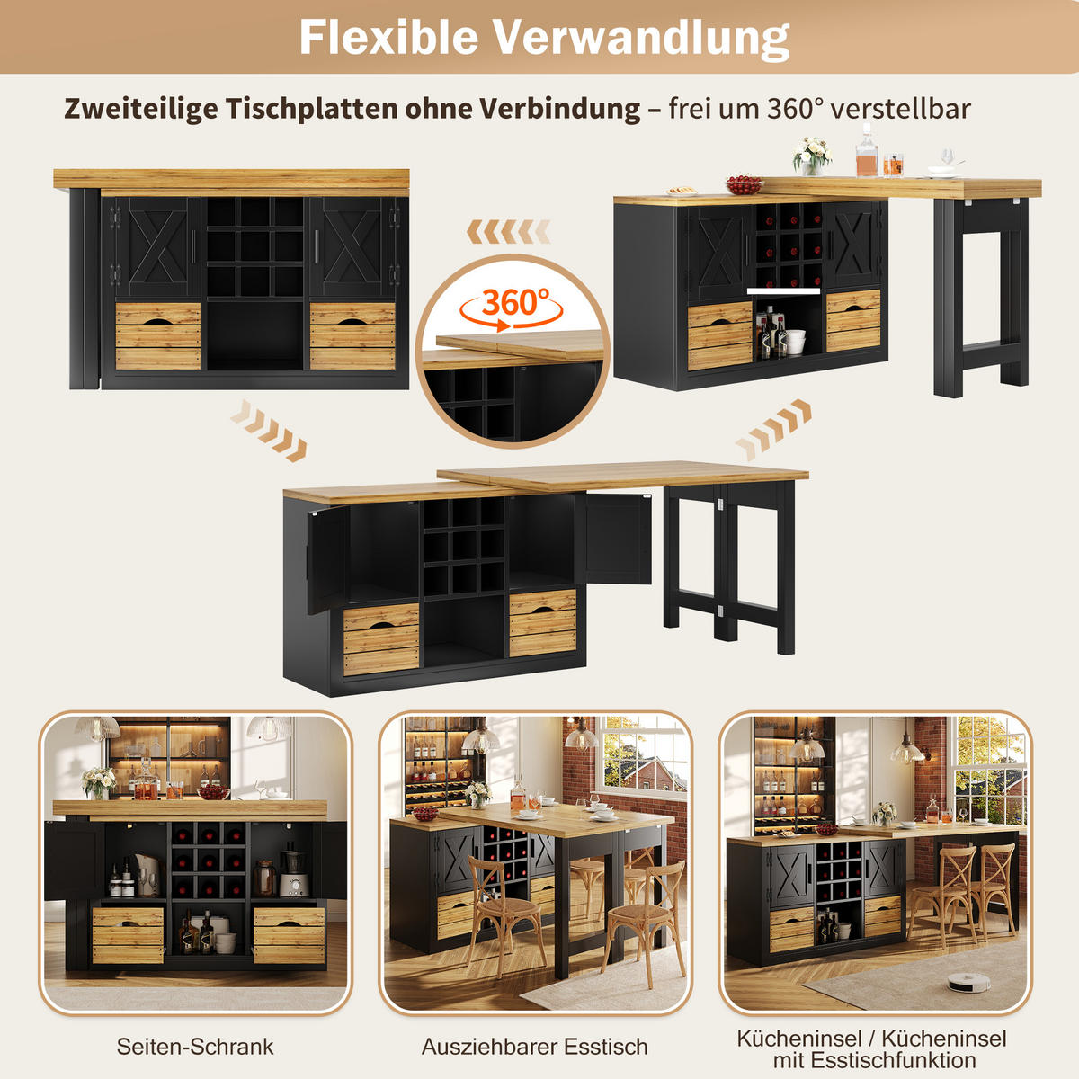 KÜCHENINSEL 360° Drehbar Stauraum Schwarz - Schwarz, Holzwerkstoff (120/72/40cm) - FLIEKS