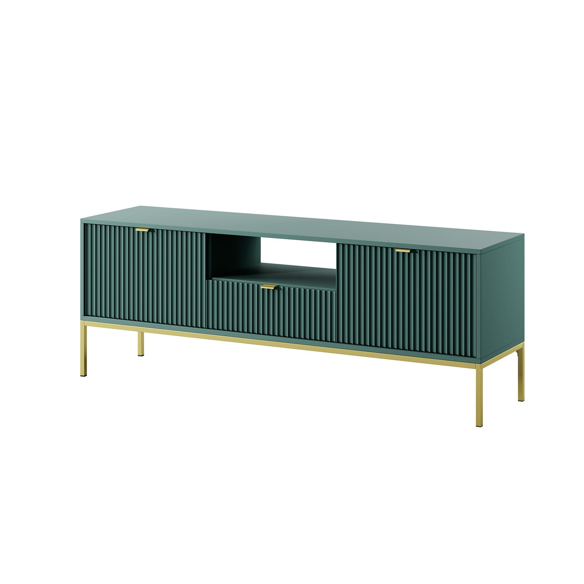 TV-SCHRANK Nova Grün, Golden Beine und Goldene Griffe, zweitüriger TV-Tisch - Goldfarben/Grün, Holzwerkstoff/Metall (154/56/39cm) - Bettso