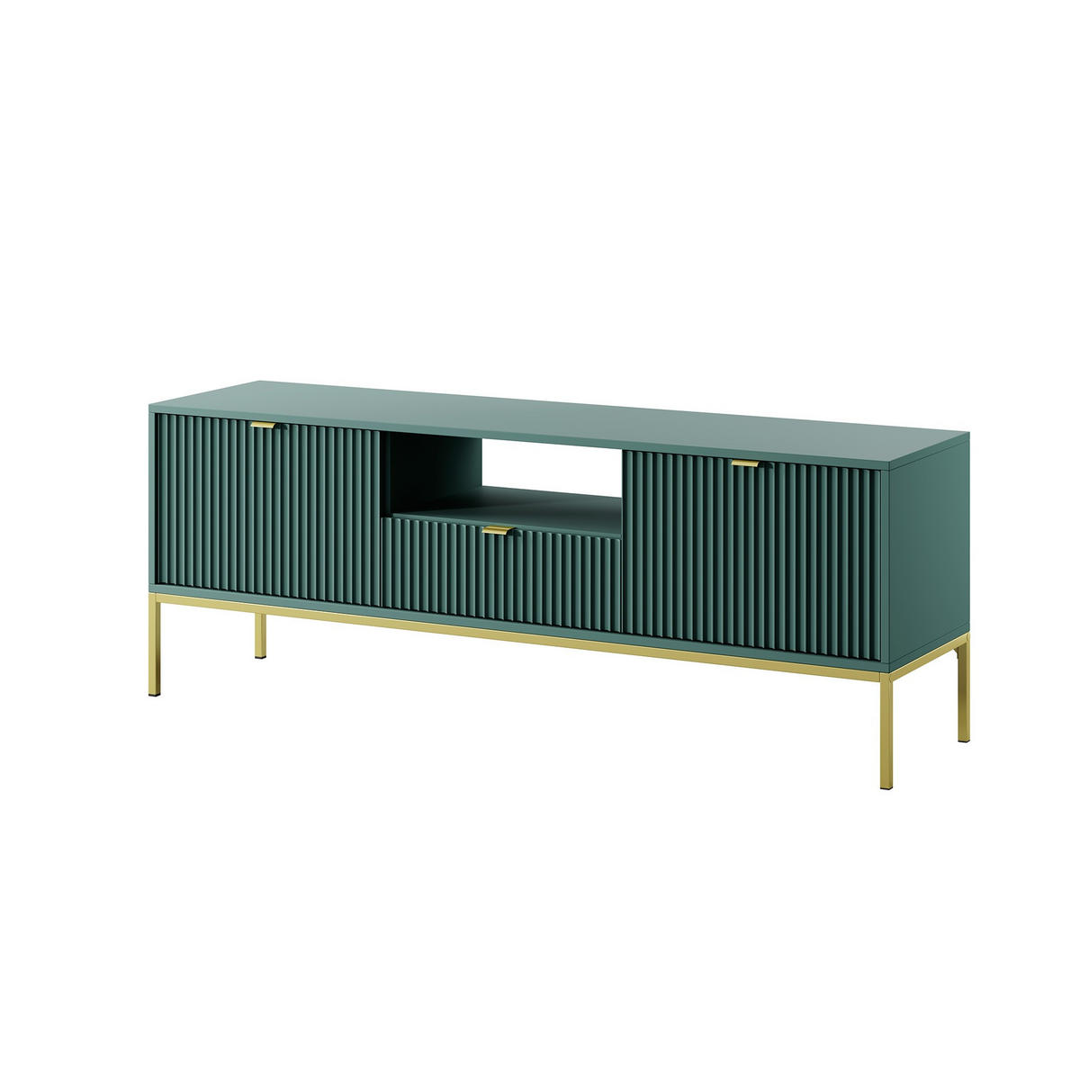 TV-SCHRANK Nova Grün, Golden Beine und Goldene Griffe, zweitüriger TV-Tisch - Goldfarben/Grün, Holzwerkstoff/Metall (154/56/39cm) - Bettso