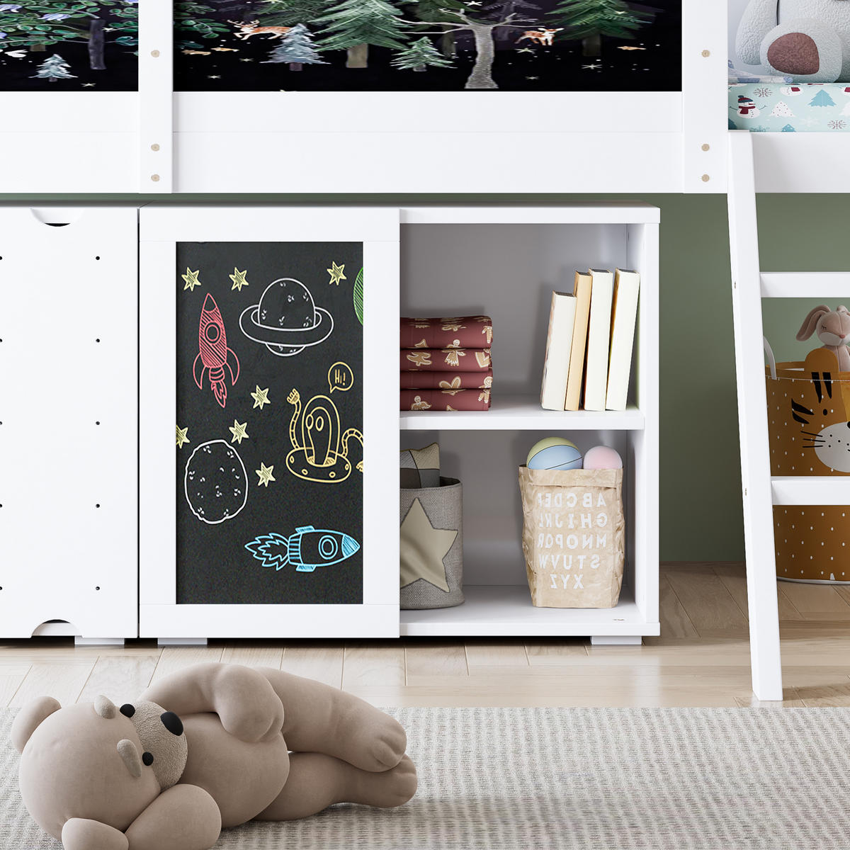 HOCHBETT 90/200 cm in Weiß & Schwarz Kinderbett mit Schrank, Kreidetafel und Sicherheitsgeländer - Weiß, Holzwerkstoff (90/200cm) - STILVORA