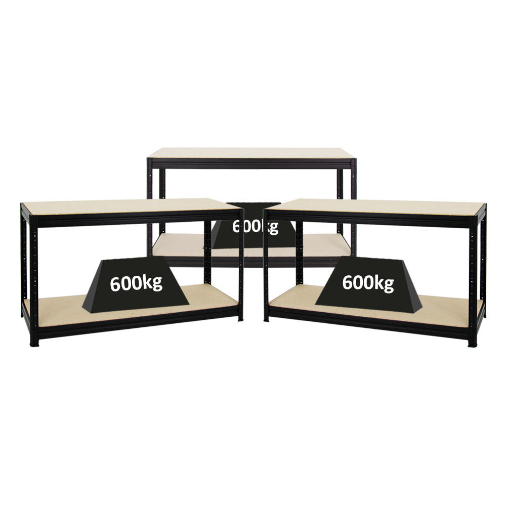 WERKBANK Dino 3er-Set mit 3x höhenverstellbar 90x160x60 cm Traglast 600 kg Schwarz - Schwarz, Metall (480/90/60cm) - PROREGAL