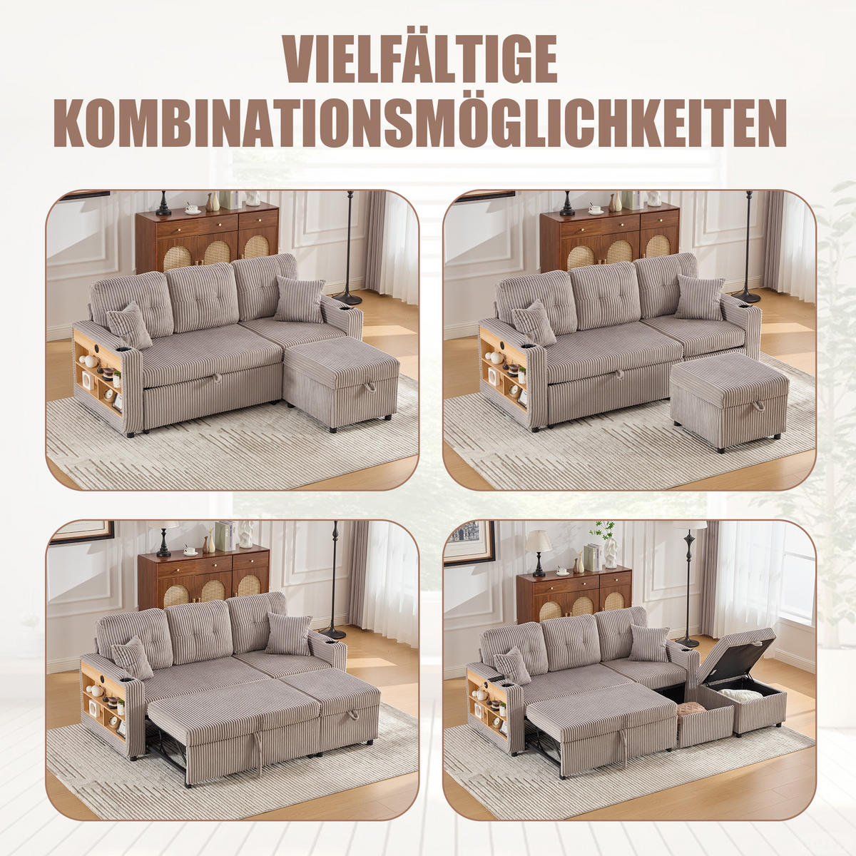SCHLAFSOFA aus Cord mit Stauraum, Ausziehbett und USB-C - Hellgrau, Textil (196/85/82cm)