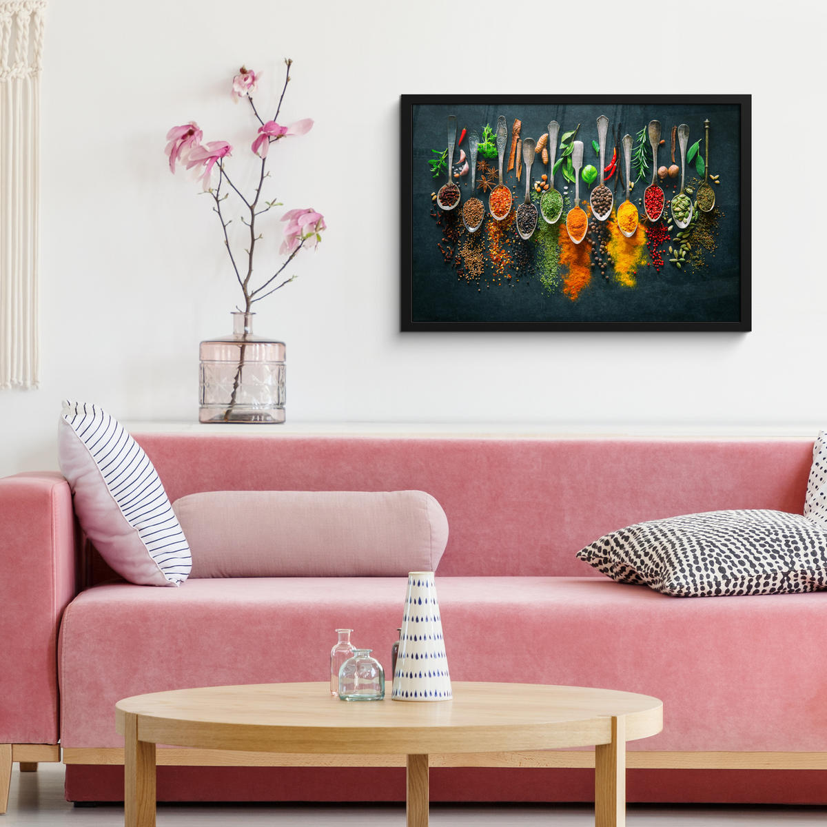ZARÁMOVANÝ PLAGÁT Bylinky - korenie - lyžičky 60x40 cm - kari žltá, papier (60/40cm) - MuchoWow