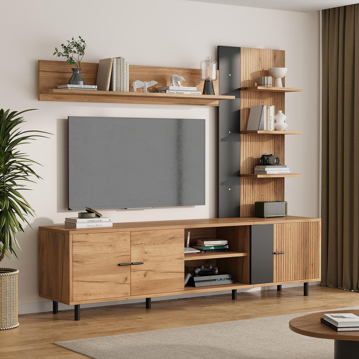 WOHNWAND 188cm Holz Schwarz TV-Board Vitrine Regal - Multicolor, Holzwerkstoff (187.5/167/40cm) - FLIEKS