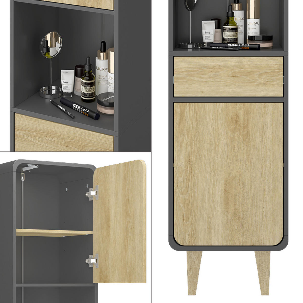 BADEZIMMERMÖBEL Arla Anthrazit/Goldkraft Eiche 40 x 161 cm - Eichefarben/Anthrazit, Holzwerkstoff (40/161/30cm) - Vicco