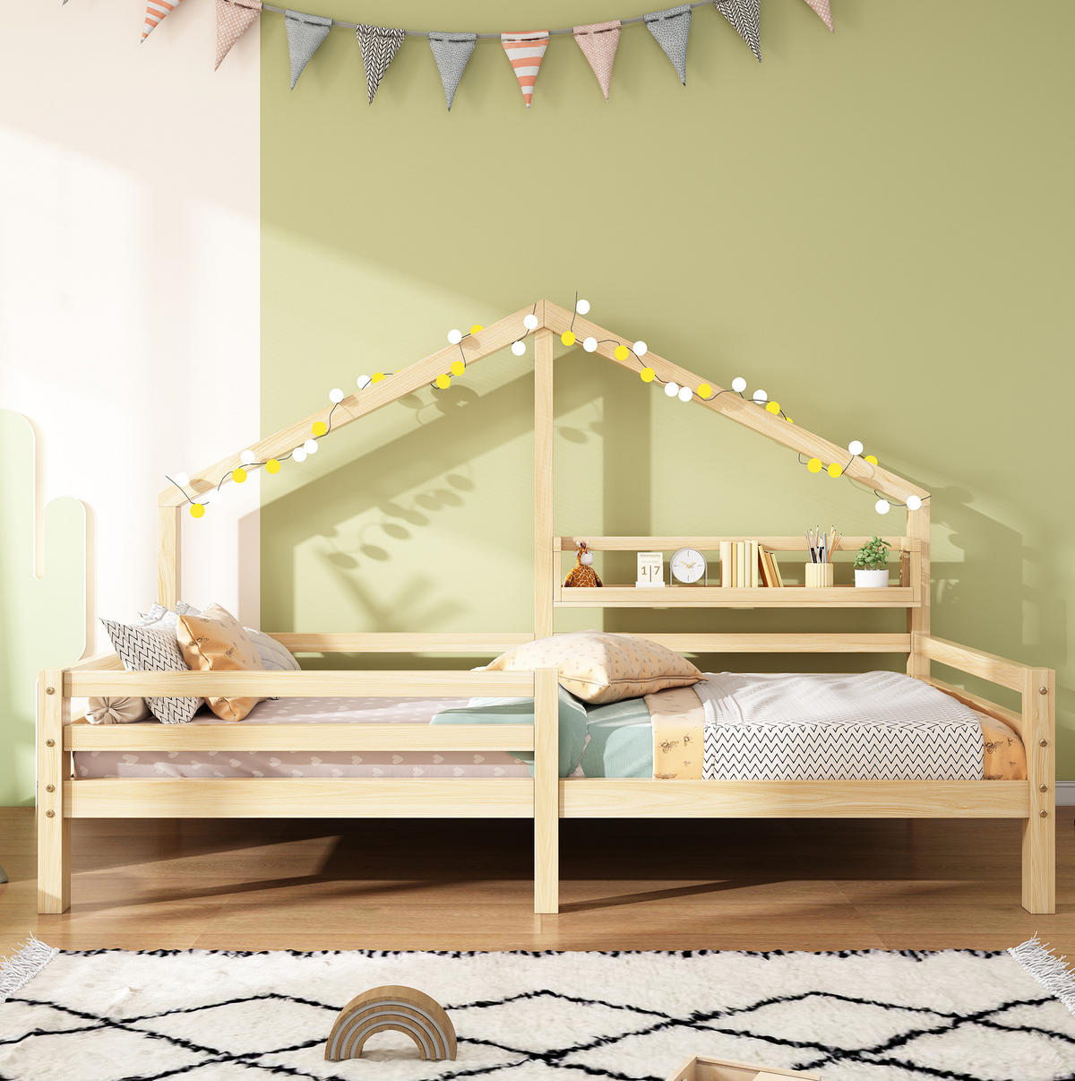 KINDEREINZELBETTEN aus Kiefer 90x200 cm in Natur mit Ablageregal - Naturfarben, Holz (90/200cm) - Modfu