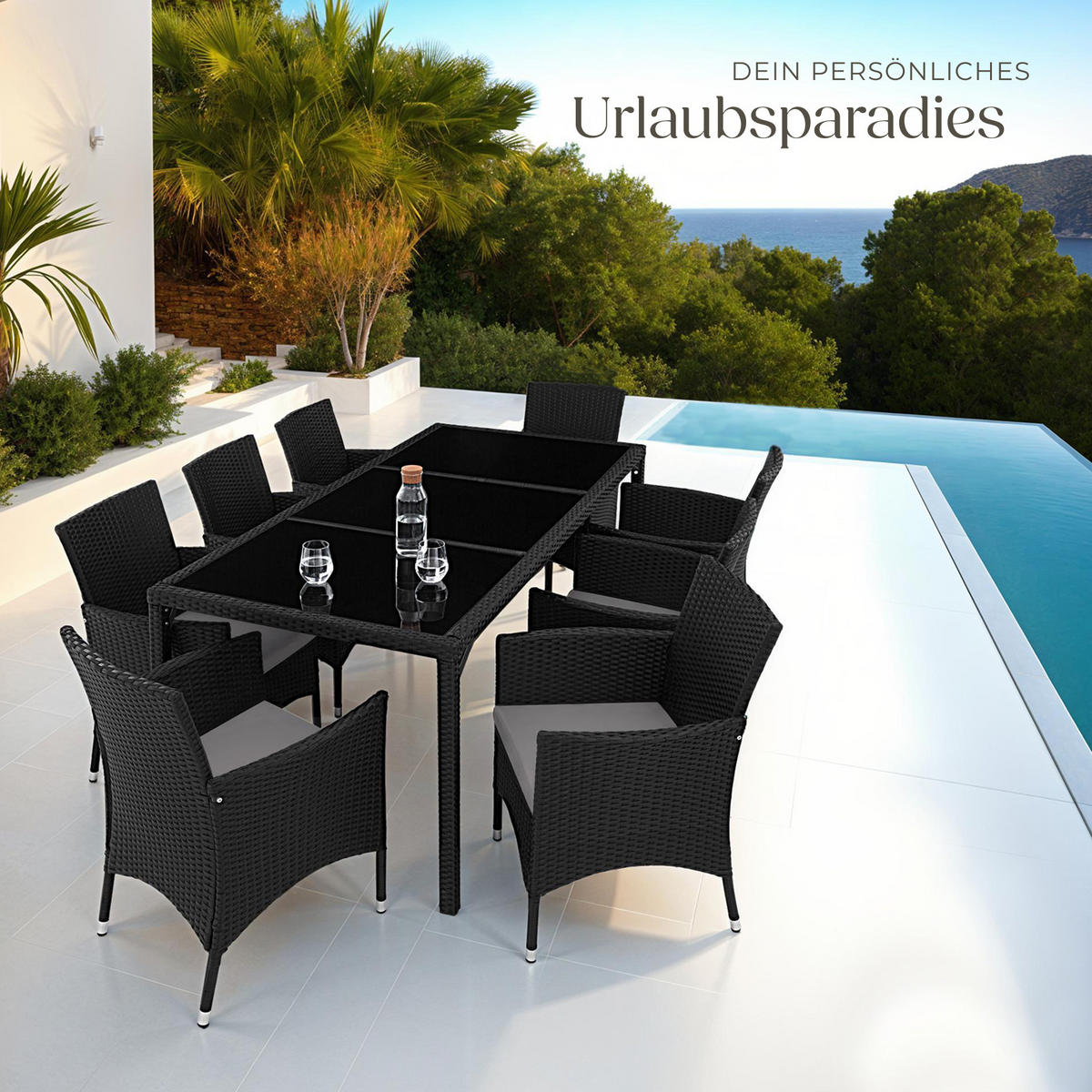 RATTAN SITZGRUPPE Almansa,inklusive Schutzhülle,schwarz/grau - Schwarz/Grau, Kunststoff - tectake