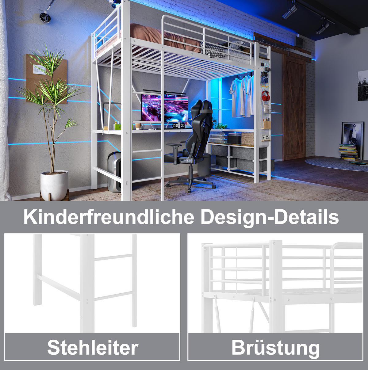 HOCHBETT 90/200 cm aus Metall mit Schreibtisch, LED-Leiste und 4 Schubladen Weiß - Weiß, Metall (90/200cm) - Modenvie