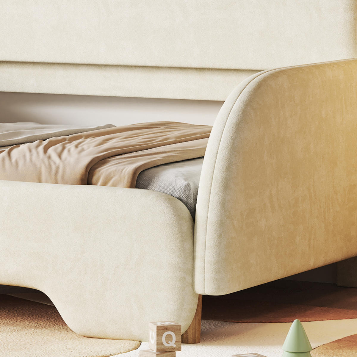 POLSTERBETT 140/200 cm & 140/105 cm in Beige Samt mit Ausziehbett - Beige, Holzwerkstoff/Textil (140/200cm) - WISHDOR