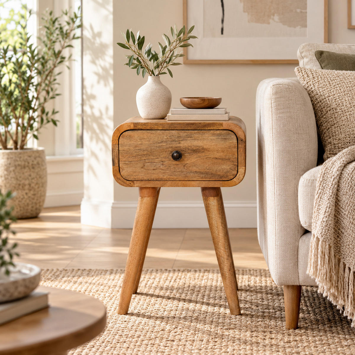 MINI nočna omarica Avora v hrastovem videzu, 1 predal, bež - bež/barve medenine, kovina/les (30/49/30cm) - Artisan Furniture