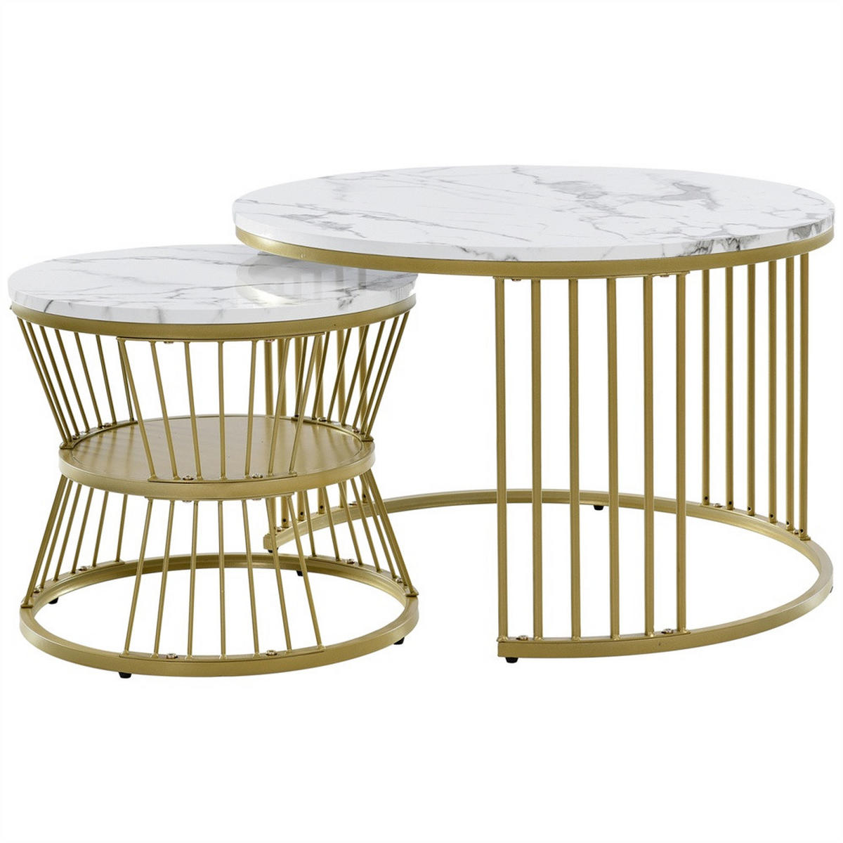 COUCHTISCH 2er Set - Runder Couchtisch 70 cm & 45 cm - Ineinander Schiebbar Marmoroptik - Gold & Weiß - Weiß, Holzwerkstoff (70/70/45.5cm) - DELFA