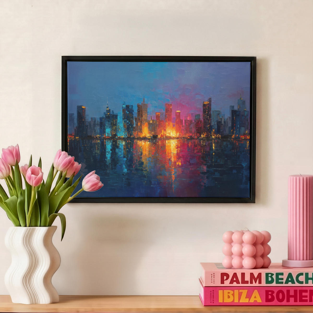 LEINWAND Bilder mit Rahmen - Skyline - Pinselstriche - Dunkelblau - Leuchtend - 40x30 - Blau, Textil (40/30cm) - MuchoWow