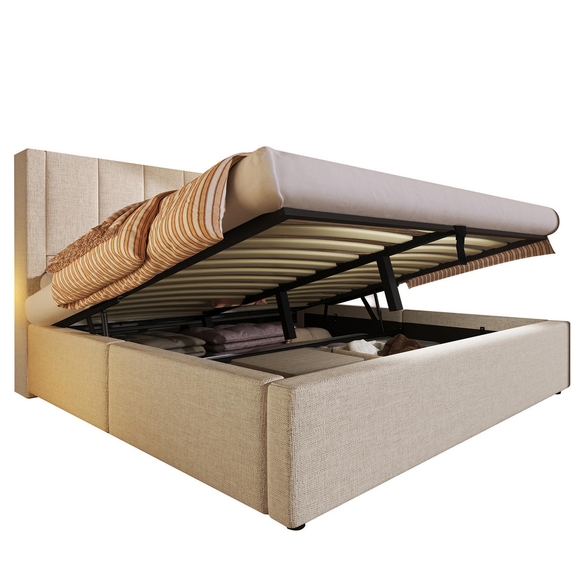 POLSTERBETT 160/200 cm mit Ladestation, verstecktem Becherhalter und hydraulischem Bettkasten, Beige - Beige, Textil (160/200cm) - Redom