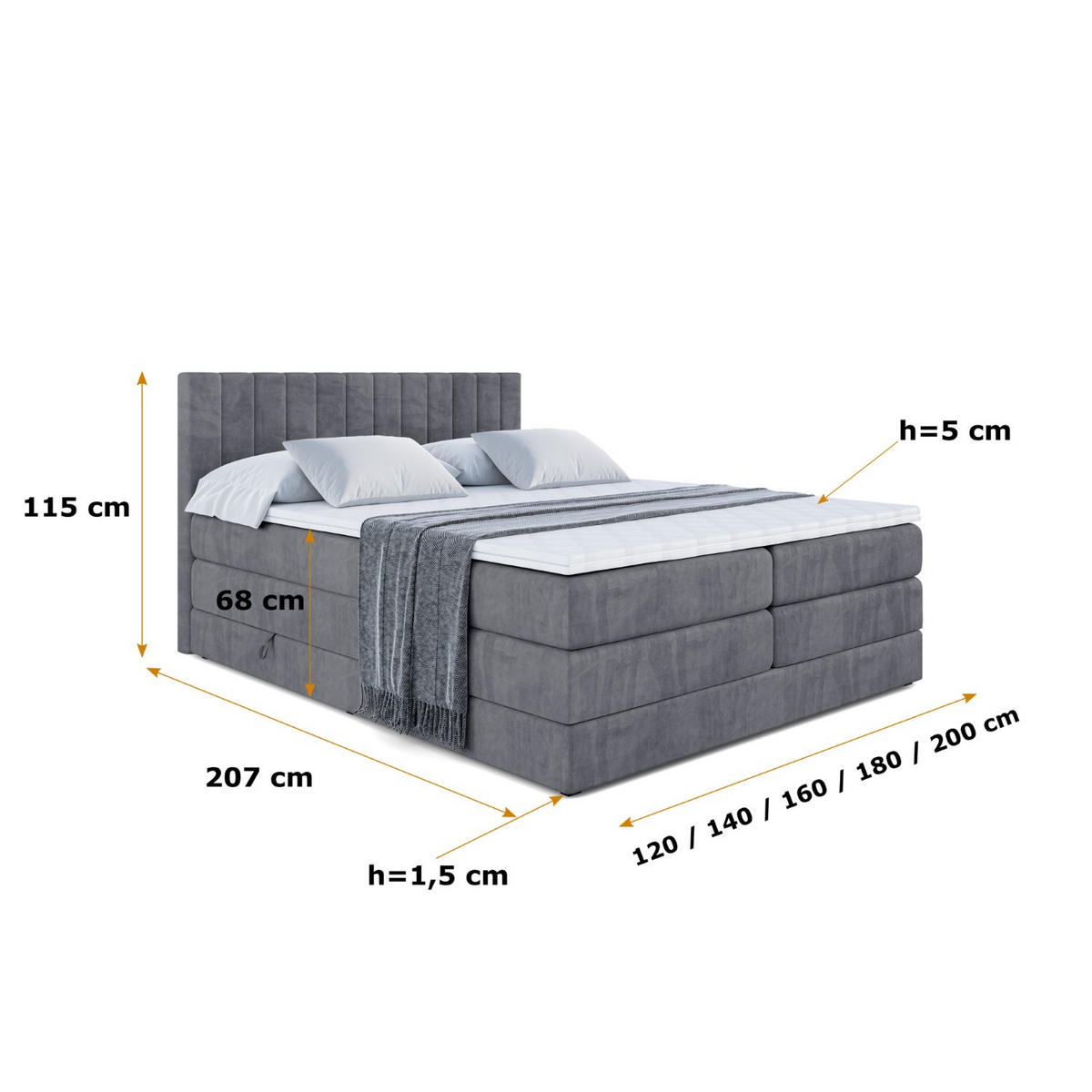 BOXSPRINGBETT EDITA KING - 140x200 - H3/H4 - Dunkelgrau - Dunkelgrau, Holzwerkstoff (140/200cm) - ALTDECOR