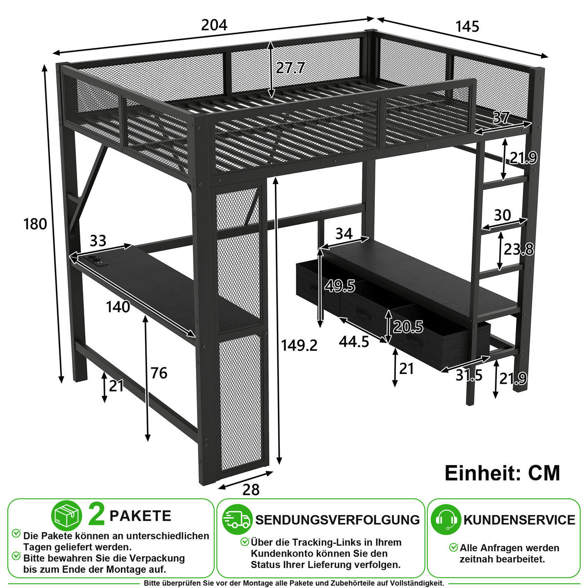 HOCHBETT 140/200 cm in Schwarz mit Schreibtisch, LED und 3 Schubladen - Schwarz, Holzwerkstoff/Metall (140/200cm) - CHICFURN