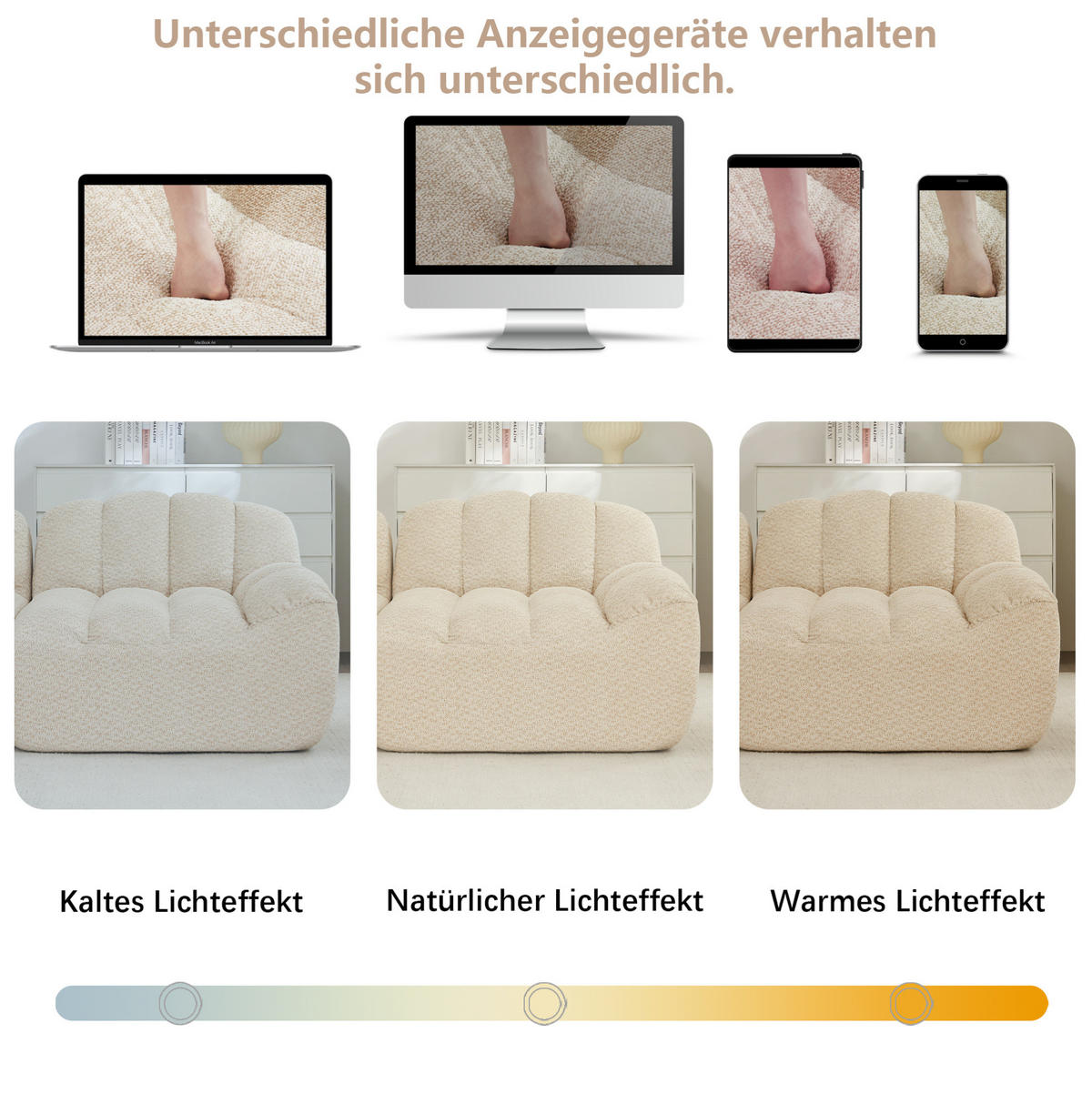 WOHNLANDSCHAFT aus granuliertem Fleece Beige-Weiß mit Ottoman, L-Form und 2-Sitzer-Funktion - Beige, Textil (210/79/165cm) - Modfu