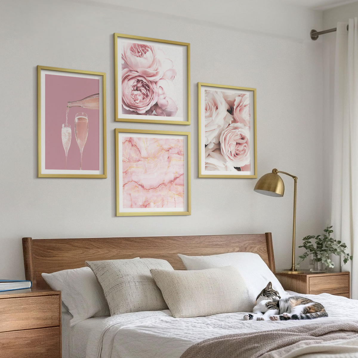 WANDBILDER 4er Set - 50x50 cm & 40x60 cm Goldrahmen - Rosen, Champagner, Marmor, Pastell - Goldfarben, Kunststoff (50/50cm) - ArtPrintCave