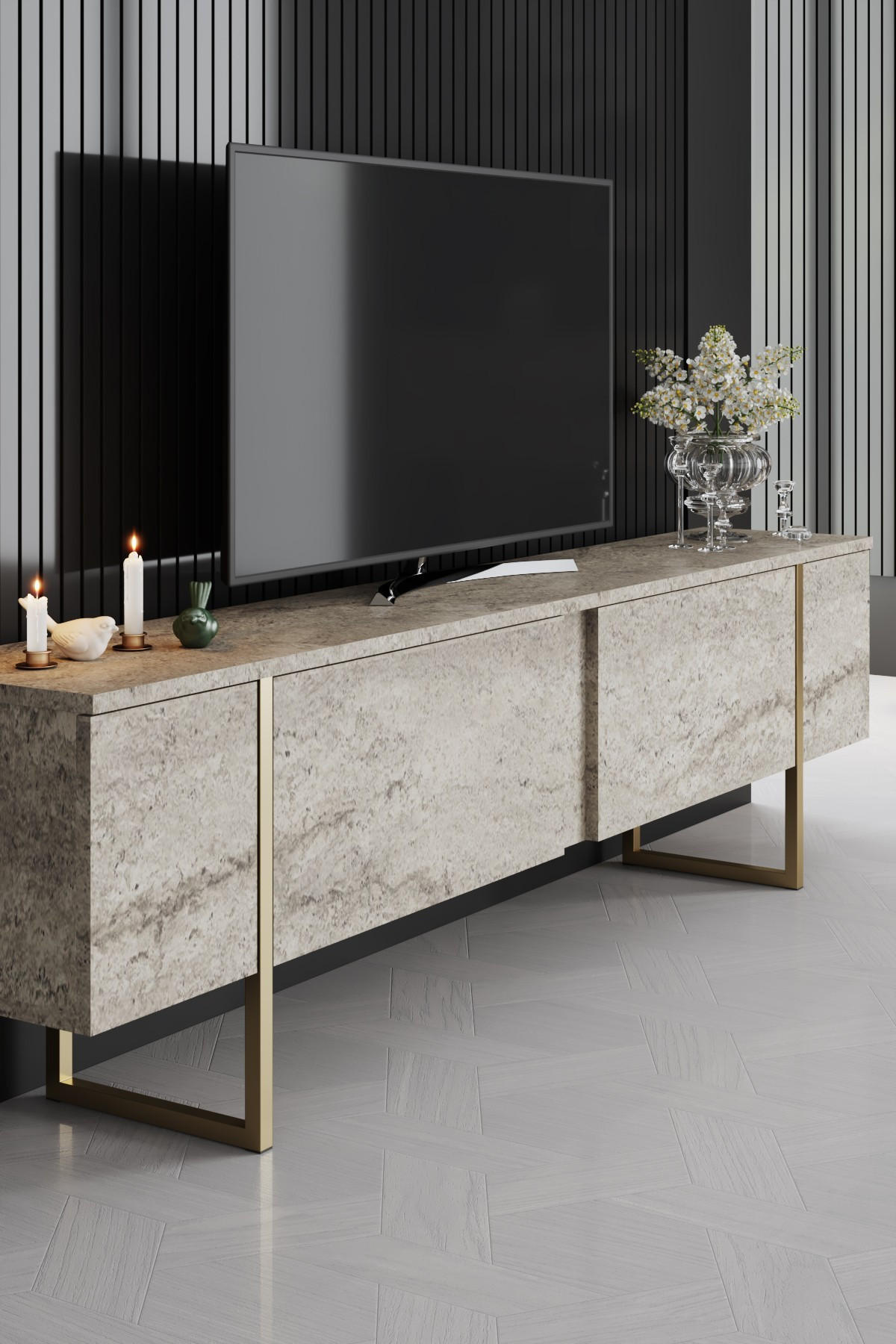 TV-MÖBEL Luxe Travertin-Gold - Beige/Goldfarben, Holz (180/50/30cm) - Habitat Garten