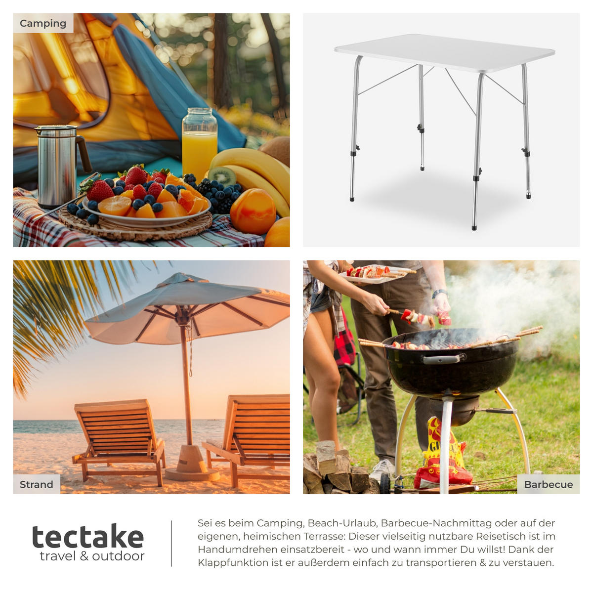 CAMPINGTISCH Julian,80 x 60 x 68 cm,grau - Grau, Holz (80/60/68cm) - tectake