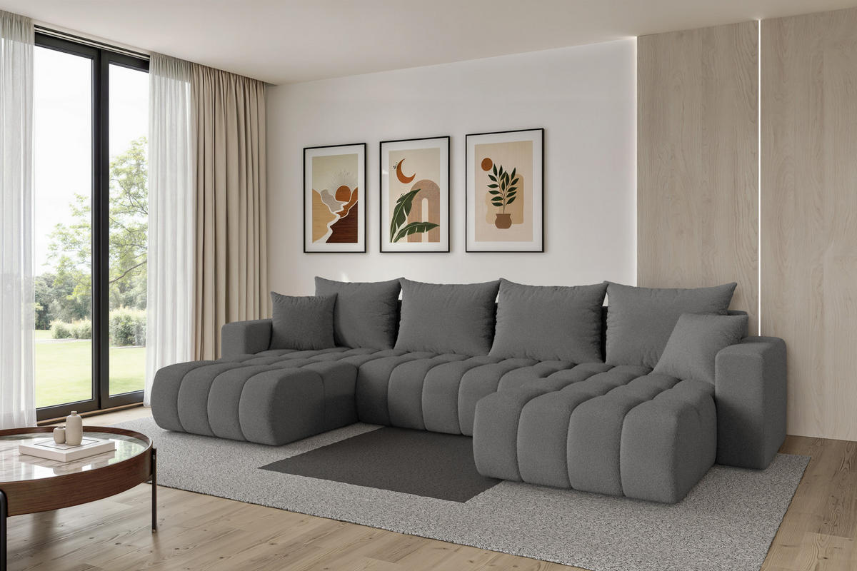 SEDACÍ SOUPRAVA DO U s funkcí spaní a úložným prostorem MILA-U-v1 378x194x86 šedá bouclé - šedá/černá, kompozitní dřevo/textil (378/86/194cm) - ALTDECOR