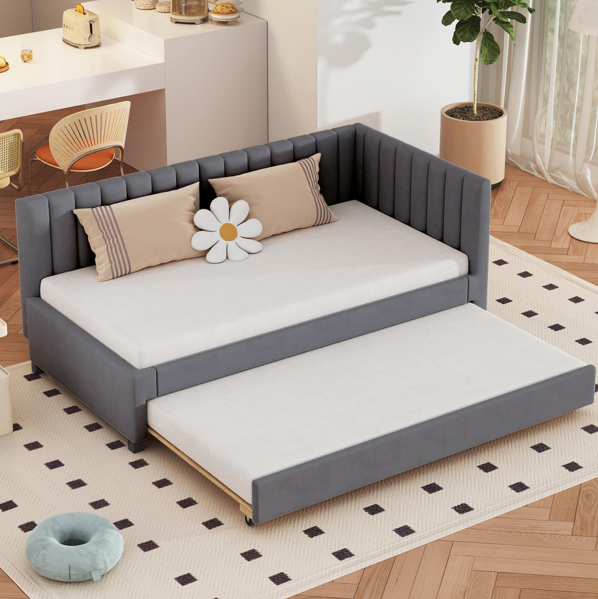 POLSTERBETT 90/200 cm Grau aus Samt mit Lattenrost - Grau, Textil (90/200cm) - Flora Grace