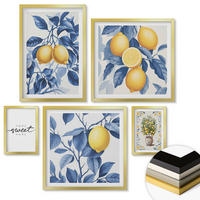 WANDBILDER 5er Set - 50x50 cm & 20x30 cm & 40x60 cm Goldrahmen - Zitronenzweige mit blauen Blättern - Goldfarben, Kunststoff (40/60cm) - ArtPrintCave