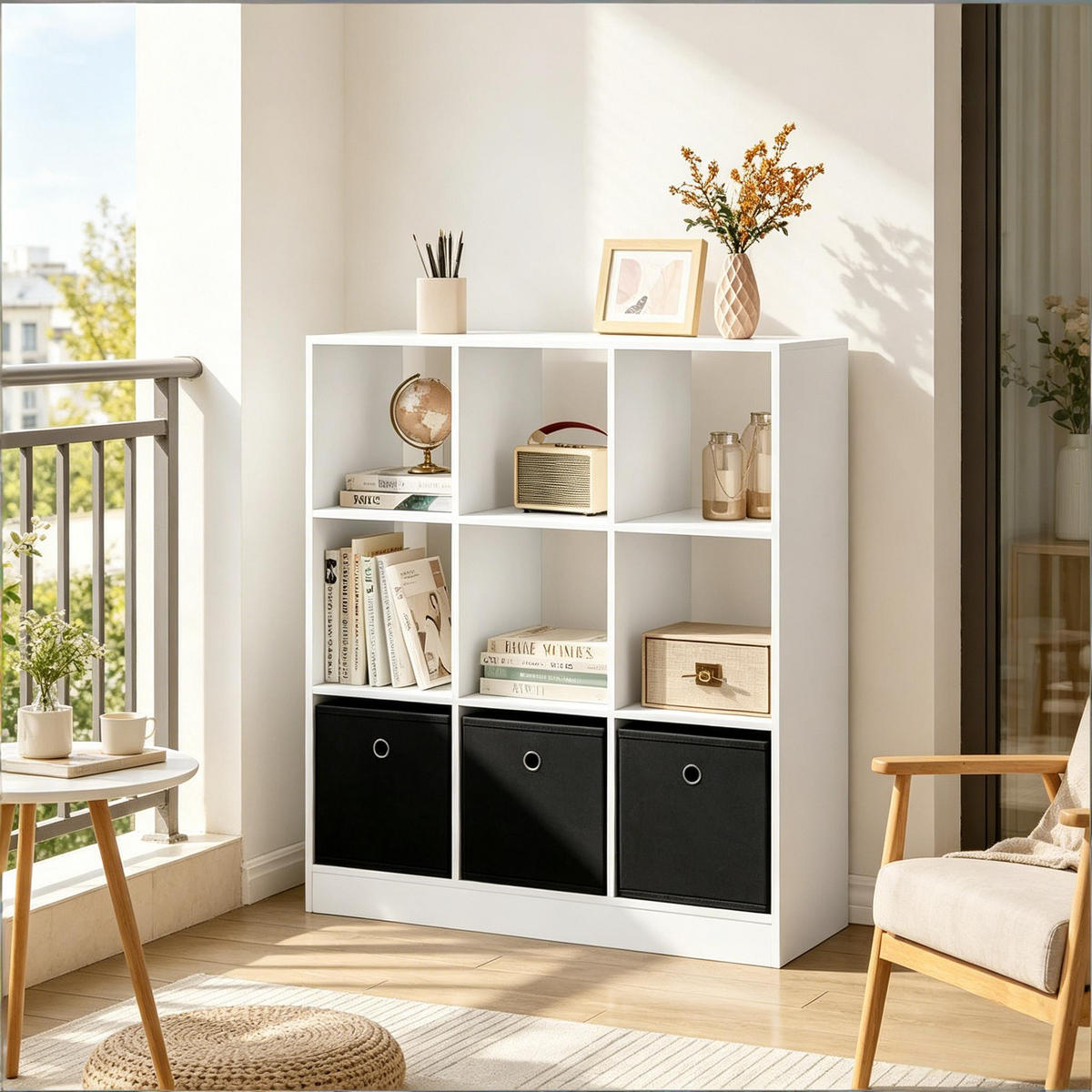 BÜCHERREGAL Weiß/Schwarz mit 3 Stoffschubladen 80/30/86,5 cm - Schwarz, Holzwerkstoff (80/86.5/30cm) - PANGIVO