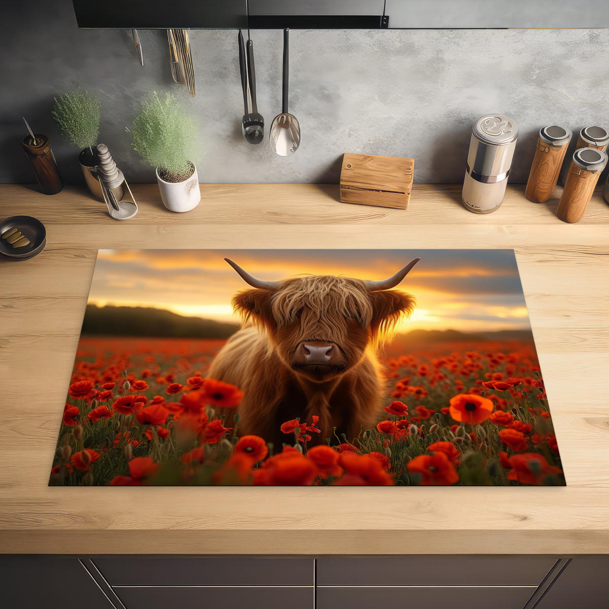 HERDABDECKPLATTE Schottische Highlander - Rosen - Blumenfeld - Sonnenuntergang Ceranfeldabdeckung 80x52 cm - Rotbraun, Kunststoff (80/52/0.2cm) - MuchoWow