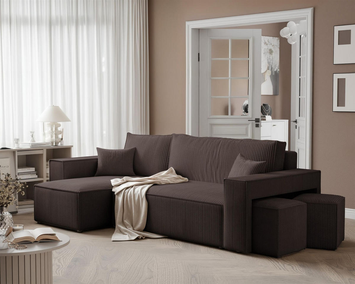 ECKSOFA Adara Inkl. Hocker - Braun, Holzwerkstoff/Textil (262/145cm) - Fun Möbel