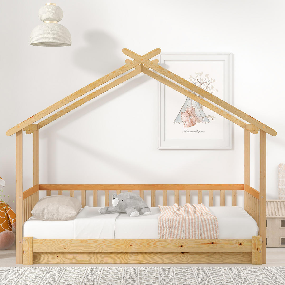 HAUSBETT aus massivem Kiefernholz 90/180x200 cm Natur ausziehbar mit Hausdach und 3-seitigem Geländer - Naturfarben, Holzwerkstoff (90/200cm) - Modfu