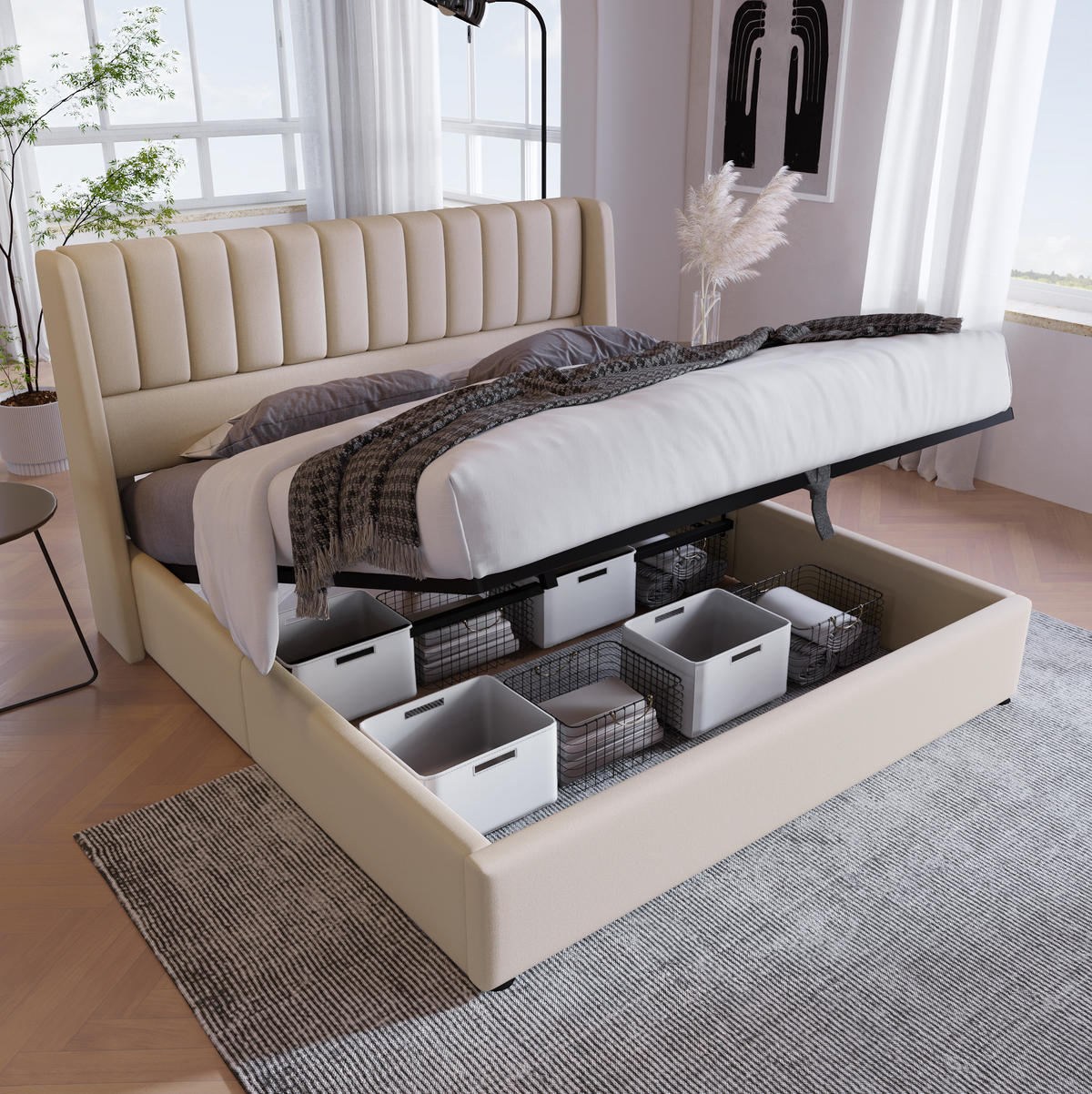 POLSTERBETT 180/200 cm Beige aus Leinen mit Bettkasten - Beige, Textil (180/200cm) - OKMYHOME