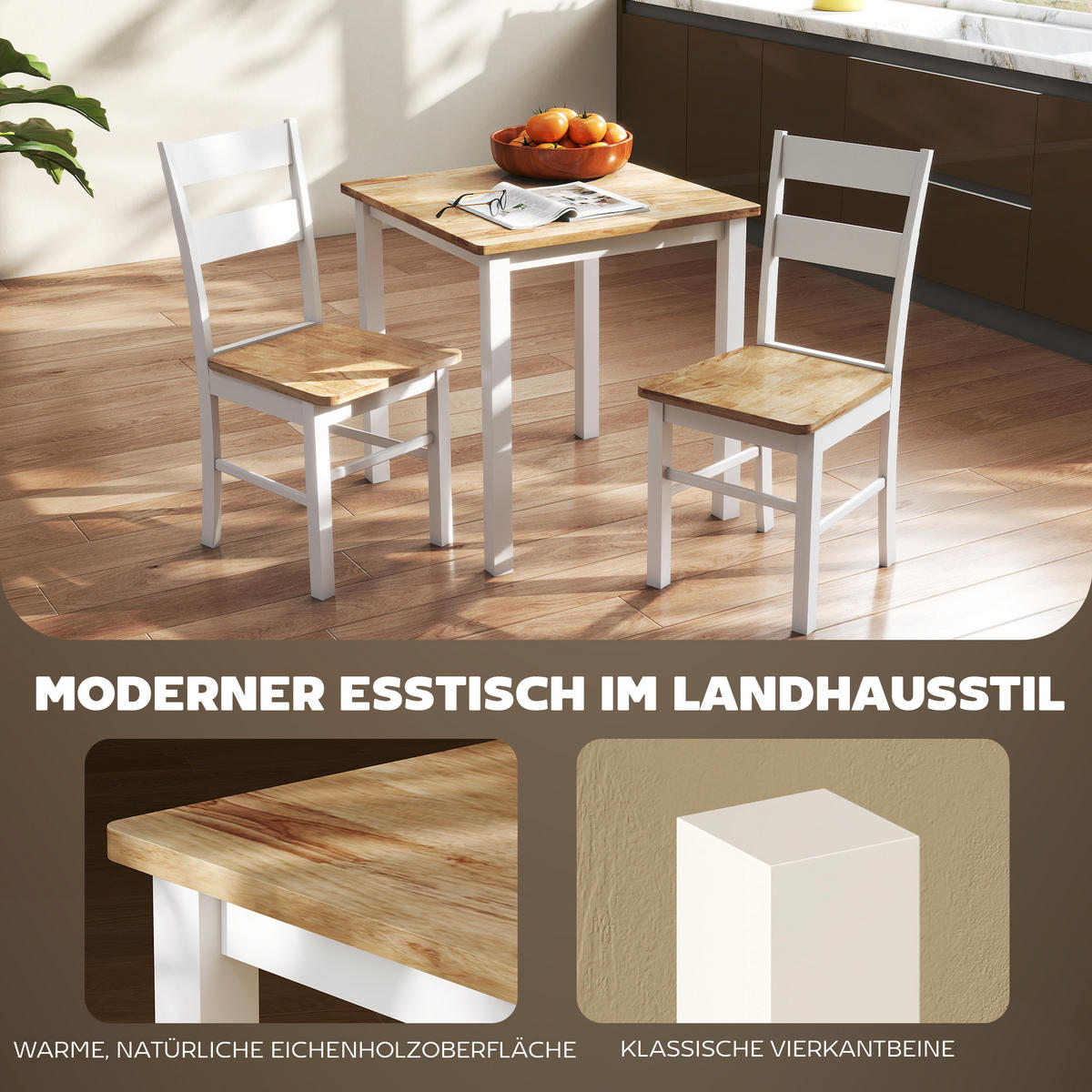 ESSTISCH 69 x 69 cm Esszimmerstühle 2er Set Küchentisch für 2-4 Personen Eiche - Eichefarben/Weiß, Holz (69/75/69cm) - HOMCOM