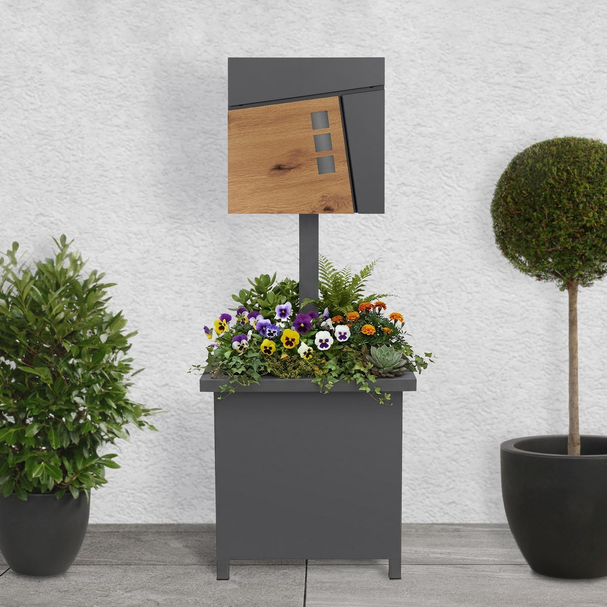 BRIEFKASTEN Anthrazit-Holzoptik mit bepflanzbarem Ständer - Anthrazit, Metall (120cm) - ML-DESIGN