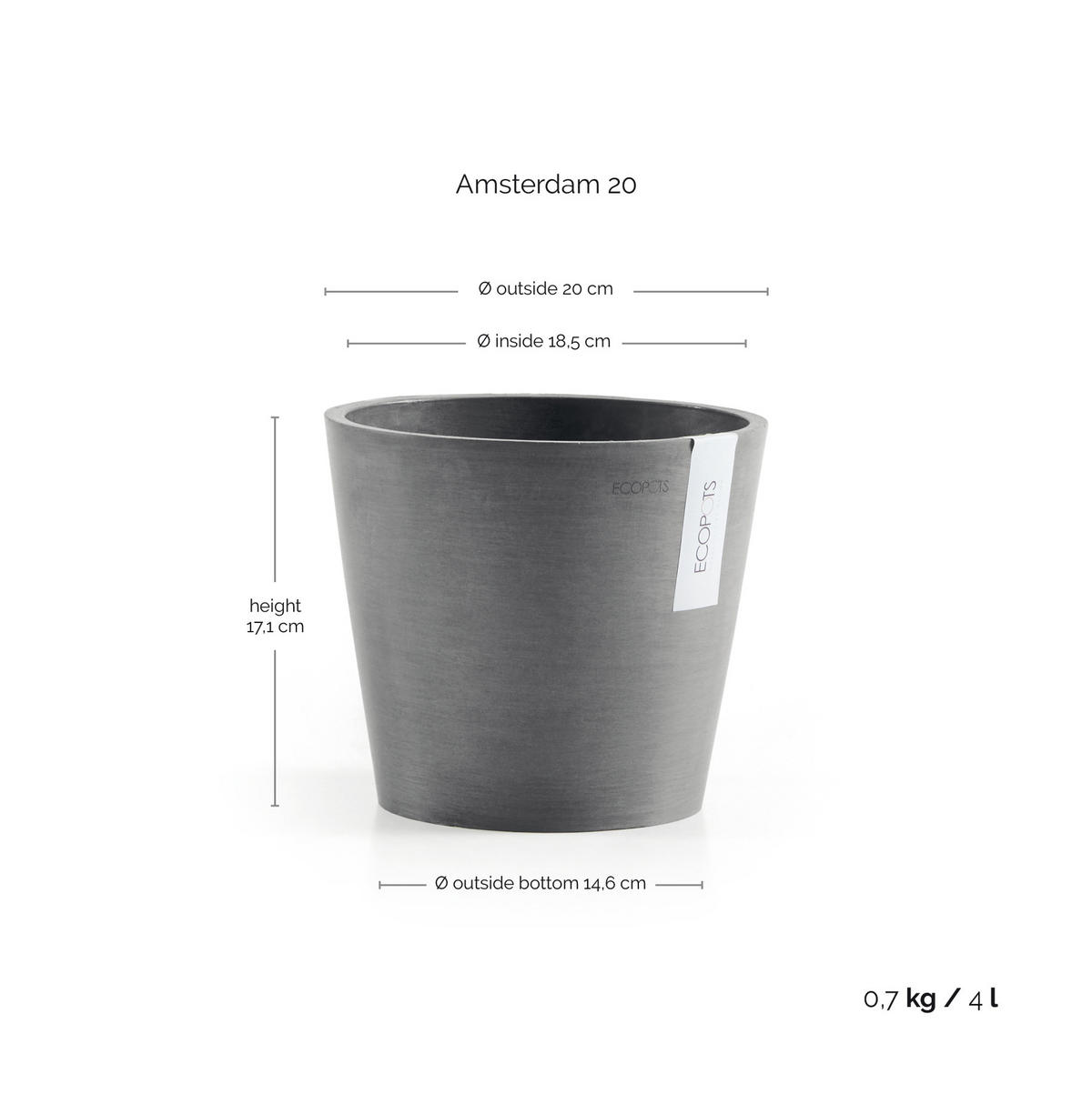 BLUMENTOPF Amsterdam 20/17,1 cm Grau - Grau, Kunststoff (20/17.1cm) - Ecopots